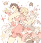  2boys 2girls absurdres aerith_gainsborough apron black_hair blonde_hair blue_eyes blush bow braid braided_ponytail brown_hair cake cake_slice chibi chibi_inset choker closed_eyes closed_mouth cloud_strife crossdressing desert dress duoj_ji earrings final_fantasy final_fantasy_vii final_fantasy_vii_remake flower food frilled_dress frills glitter gloves hair_ribbon heart highres holding holding_cake holding_food holding_plate jewelry maid maid_apron maid_headdress male_focus multiple_boys multiple_girls one_eye_closed open_mouth pink_choker pink_dress pink_gloves plate ribbon scar scar_on_face single_earring spiked_hair spoken_heart thighhighs tifa_lockhart white_background white_gloves zack_fair 