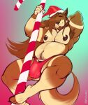  absurd_res anthro armpit_hair body_hair brown_body brown_fur brown_hair candy candy_cane canid canine christmas christmas_clothing christmas_headwear clothed clothing dessert food fur green_eyes hair hat headgear headwear hi_res holidays long_hair male mammal marlon.cores nipples red_clothing red_thong red_underwear santa_hat solo thong topless underwear 