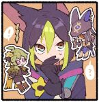  ! 1girl 2boys ? ahoge animal_ears animal_hat black_gloves black_hair black_headwear blunt_ends border brown_background brown_dress brown_eyes brown_thighhighs cape capelet chibi chibi_inset closed_mouth collei_(genshin_impact) covering_own_mouth cyno_(genshin_impact) dark-skinned_male dark_skin drawstring dress earrings egyptian_clothes fake_animal_ears flower fox_ears genshin_impact gloves green_capelet green_eyes green_hair grey_hair hair_between_eyes hair_ornament hair_over_one_eye hand_up hat hood hood_down hoodie jackal_ears jewelry long_sleeves looking_at_viewer medal medium_hair multicolored_clothes multicolored_eyes multicolored_hair multiple_boys nploser one_eye_covered purple_eyes red_eyes short_hair simple_background single_earring smile speech_bubble spoken_exclamation_mark spoken_question_mark streaked_hair sweatdrop thighhighs tighnari_(genshin_impact) v-shaped_eyebrows white_border white_flower yellow_cape 