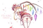  1girl adapted_costume blonde_hair bow crystal flandre_scarlet frilled_skirt frilled_sleeves frills hat hat_bow hat_ribbon highres leaning_forward ling_(vivianling) long_hair looking_at_viewer looking_back milestone_celebration mob_cap multicolored_wings one_side_up panties puffy_short_sleeves puffy_sleeves red_bow red_eyes red_petals red_ribbon red_skirt red_vest ribbon shirt short_sleeves simple_background skirt skirt_set solo thighhighs touhou underwear vest white_background white_headwear white_panties white_shirt white_thighhighs wings 