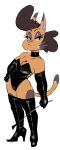 2018 anthro armwear boots breasts brown_hair calika choker cleavage clothed clothing colored dbaru domestic_cat dominatrix elbow_gloves felid feline felis female footwear frown full-length_portrait gloves hair hand_on_hip handwear hi_res high_heeled_boots high_heels jewelry latex legwear looking_at_viewer mammal mighty_magiswords muscular muscular_female necklace portrait simple_background skimpy solo standing tan_body thigh_boots thigh_highs whip white_background wide_hips
