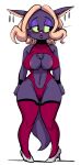 2019 anthro areola areola_slip bimm blonde_hair blush breast_squish breasts chest_tuft cleavage cleavage_cutout clothed clothing colored dbaru domestic_cat ear_piercing ear_ring embarrassed eyeshadow felid feline felis female footwear front_view full-length_portrait hair hi_res high_heels legwear makeup mammal mighty_magiswords nipple_outline piercing portrait purple_body ring_piercing shaded simple_background skimpy_bikini solo squish standing thigh_highs tuft whiskers white_background wide_hips