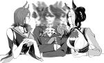  3girls afterimage air_groove_(umamusume) animal_ears ascot bojue_(hakus_1128) breasts cleavage closed_mouth clothing_cutout corset crossed_arms elbow_rest epaulettes flat_chest greyscale hair_bun hair_ornament highres horse_ears jacket large_breasts long_sleeves medal mejiro_ramonu_(umamusume) monochrome motion_blur multicolored_hair multiple_girls own_hands_together parted_lips shirt short_hair shoulder_cutout single_epaulette sirius_symboli_(umamusume) smile streaked_hair sweatdrop umamusume upper_body 