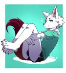4_fingers 4_toes a8295536 anthro blue_eyes bottomwear canid canine canis clothing dolphin_shorts fangs_bared feet fingers fur hi_res hoodie male mammal plantigrade raised_leg shorts sitting slim_anthro slim_male solo toes topwear white_body white_fur wolf