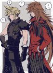  ... 2boys ? absurdres armor bandaged_arm bandages belt black_gloves blue_eyes border closed_mouth cloud_strife cowboy_shot dirge_of_cerberus_final_fantasy_vii final_fantasy final_fantasy_vii genesis_rhapsodos gloves grey_background hair_between_eyes hair_over_eyes hand_on_own_hip highres jacket long_hair male_focus messy_hair multiple_belts multiple_boys pants popped_collar red_gloves red_jacket roku_(gansuns) short_hair shoulder_armor single_bare_shoulder single_shoulder_pad sleeveless sleeveless_turtleneck spiked_hair spoken_ellipsis spoken_question_mark sweatdrop turtleneck twitter_username white_border 