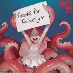  1girl :d arms_up blue_background closed_eyes dress monster_girl original scylla simple_background smile solo tentacle_hair tentacle_hands tentacles thank_you web_address white_dress zhaoyebai 