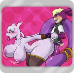 anthro big_breasts blush bouncing_breasts breasts clothing diamond_grenadier doggystyle duo female from_behind_position generation_1_pokemon hi_res lagomorph legendary_pokemon legwear leporid male male/female mammal mewtwo nintendo pokemon pokemon_(species) rabbit sex thick_thighs thigh_highs tongue tongue_out