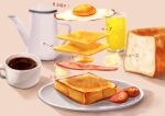  bread bread_slice cheese coffee coffee_cup cup disposable_cup drink drinking_glass egg_(food) food food_focus fried_egg ham highres kaneko_ryou loaf_of_bread no_humans original plate still_life teapot toast 