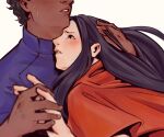  1boy 1girl black_hair blue_jacket blush capelet curly_hair dark-skinned_male dark_skin dungeon_meshi english_commentary floating_hair hand_in_another&#039;s_hair hand_on_another&#039;s_head hand_up hands_up head_out_of_frame hetero highres holding_hands hug interlocked_fingers jacket kabru long_hair looking_at_another parted_lips profile red_capelet rin_(dungeon_meshi) short_hair simple_background upper_body white_background 