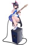  1girl absurdres animal_ears black_hair black_mask black_wristband blue_archive blue_footwear breasts cat_ears colored_inner_hair commentary_request electric_guitar full_body guitar hair_ornament hairclip halo hand_up highres holding holding_instrument instrument kazusa_(band)_(blue_archive) kazusa_(blue_archive) large_breasts looking_ahead mask mask_pull medium_hair mouth_mask multicolored_hair open_mouth pink_hair pink_halo pleated_skirt shiwa_(jired1234) shoes simple_background skirt sneakers solo speaker standing standing_on_one_leg thigh_strap thighs white_background white_skirt 