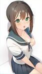  1girl blush breasts brown_hair cleavage clothes_pull collarbone commentary_request embarrassed fubuki_(kancolle) green_eyes green_sailor_collar grey_skirt kantai_collection looking_at_viewer medium_breasts open_mouth pleated_skirt pulled_by_self sailor_collar sakieko school_uniform serafuku shirt shirt_pull short_ponytail short_sleeves simple_background sitting skirt solo sweat white_background white_shirt 