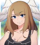  1girl bare_shoulders blue_eyes blurry blurry_background breast_tattoo breasts brown_hair cleavage collarbone commentary_request depth_of_field edmonmondo eunie_(xenoblade) feathered_wings head_wings highres large_breasts long_hair looking_at_viewer parted_bangs smile solo tattoo upper_body white_wings wings xenoblade_chronicles_(series) xenoblade_chronicles_3 