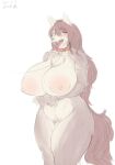 alternate_species anthro areola barely_visible_genitalia barely_visible_pussy big_breasts blush blush_lines bodily_fluids breasts brown_body brown_fur brown_hair canid canine canis chest_tuft collar eyelashes female fur genitals grey_body grey_fur hair hi_res huge_breasts kagerou_imaizumi leash long_hair looking_at_viewer mammal markings meidoelun mole_(marking) mole_under_eye nipples nude open_mouth pink_areola pink_nipples pussy red_eyes simple_background solo sweat sweatdrop thick_thighs tongue tongue_out touhou tuft white_background wide_hips wolf