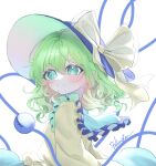  1girl 72mikan_1687 arm_at_side black_headwear blush bow bright_pupils commentary eyelashes floating_hair frilled_shirt_collar frills from_side green_eyes green_hair hair_between_eyes hat hat_bow heart heart_of_string highres komeiji_koishi looking_at_viewer medium_hair parted_lips shirt signature simple_background smile solo third_eye touhou upper_body wavy_hair white_background white_pupils yellow_bow yellow_shirt 