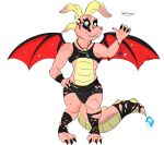  anthro bottomwear cassie_(dragon_tales) claws clothing costume dragon dragon_tales halloween hi_res holidays loincloth membrane_(anatomy) membranous_wings pendant reptile ring scalie simple_background solo toe_claws topwear werewolferos wings 