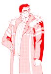  1boy bara coat facial_hair glasses light_smile looking_to_the_side male_focus monochrome motoori_shiro muscular muscular_male pectorals red_theme rimless_eyewear short_hair sideburns sideburns_stubble solo standing stubble sweater thick_eyebrows tokyo_afterschool_summoners tyou white_background 