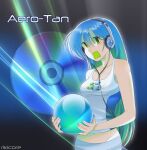  1girl ball bare_shoulders blue_hair blue_nails breasts brown_eyes cd crop_top empty_eyes english_text frutiger_aero gradient_hair green_eyes green_hair headphones headset highres holding long_hair midriff mouth_hold multicolored_hair nail_polish navel open_mouth orb original parody rikiquendo solo tank_top two-tone_hair very_long_hair yellow_eyes 