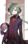  1boy 1girl :o ahoge animal_ears black_bow black_eyes black_gloves black_hair black_jacket black_pants border bow buttons child closed_mouth colored_skin crea_flankenstein demon_boy demon_horns envi_(funamusea) expressionless funamusea gloves goat_ears green_hair green_pupils grey_background hair_over_one_eye hiding hiding_behind_another highres horns irota jacket long_hair looking_at_viewer low_ponytail multicolored_hair object_on_head object_through_head open_clothes open_jacket pants pink_hair red_eyes red_shirt screw_in_head shirt short_hair solo_focus stitched_face stitches streaked_hair white_border white_skin zombie 