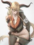  1girl absurdres animal_ears arknights bangs black_gloves blonde_hair boingoo breasts cleavage closed_mouth clothes_pull degenbrecher_(arknights) female_pubic_hair gloves goat_ears goat_girl goat_horns hair_between_eyes highres horns large_breasts long_hair looking_at_viewer military military_uniform navel orange_skirt pants pubic_hair pulled_by_self seductive_smile skirt smile solo sweat undressing uniform very_long_hair white_background yellow_eyes 