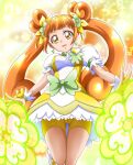  1girl bangs bike_shorts blunt_bangs bow brown_hair clover_earrings commentary_request cure_rosetta dokidoki!_precure double_bun dress earrings energy_barrier energy_shield flower fur_collar green_bow hair_flower hair_ornament hanzou highres jewelry leg_up light_particles long_hair looking_at_viewer magical_girl open_mouth precure puffy_short_sleeves puffy_sleeves shoes short_dress short_sleeves shorts shorts_under_dress smile solo sparkle standing standing_on_one_leg thigh_gap twintails white_footwear yellow_dress yellow_eyes yellow_shorts yotsuba_alice 