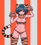  1girl :p animal_ear_fluff animal_ears animal_print bikini blue_eyes blue_hair breasts chinese_zodiac chiritoritto cleavage fur_trim hair_ornament hairclip hanekawa_tsubasa highres kemonomimi_mode large_breasts monogatari_(series) navel new_year paw_pose short_hair solo standing swimsuit tail thighhighs tiger_ears tiger_girl tiger_print tiger_tail tongue tongue_out year_of_the_tiger 