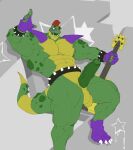 abs anthro armband balls big_muscles clothing crocodile crocodilian crocodylid erection fingerless_gloves five_nights_at_freddy&#039;s five_nights_at_freddy&#039;s:_security_breach genitals gloves green_body grey_background guitar hair handwear hi_res humanoid_genitalia humanoid_penis male montgomery_gator_(fnaf) muscular muscular_anthro muscular_male musical_instrument pecs penis phosbara plucked_string_instrument red_hair reptile scalie scottgames shoulder_pads simple_background solo spiked_armband spikes string_instrument video_games 