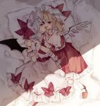  2girls ascot bat_wings blonde_hair blue_hair crystal_wings dress flandre_scarlet frills full_body hat hat_ribbon holding_hands incest kiss medium_hair mob_cap multiple_girls on_bed puffy_short_sleeves puffy_sleeves red_eyes red_ribbon remilia_scarlet ribbon short_sleeves siblings side_ponytail sorani_(kaeru0768) touhou twins wings yellow_ascot yuri 