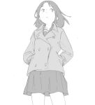  1girl artist_request bad_drawr_id bad_id buttons character_request copyright_request cowboy_shot greyscale hands_in_pockets jacket long_sleeves looking_to_the_side medium_hair monochrome oekaki parted_lips pleated_skirt shirt simple_background skirt solo standing white_background 