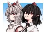  2girls animal_ear_fluff animal_ears black_hair formicid hat inubashiri_momiji looking_at_viewer multiple_girls pointy_ears pom_pom_(clothes) portrait red_eyes red_headwear shameimaru_aya shirt short_hair smile teeth tokin_hat touhou white_hair white_shirt wolf_ears wolf_girl 