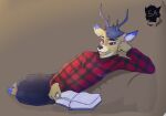  anthro antlers blond_fur blue_body blue_fur book bottomwear camerannicephore cervid clothing colored denim denim_clothing flannel fur furniture hi_res hooves horn jeans lying male mammal pants shirt simple_background sofa solo topwear unknown_artist white_body white_fur 