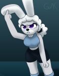 absurd_res angry annoyed anthro ashely_winters_(guak) blue_bottomwear blue_clothing blue_shorts boots bottomwear breasts clothing curvy_figure eyelashes female fluffy fluffy_hair footwear frown fur gesture grey_body grey_fur guak hair hi_res humanoid lagomorph leporid long_ears looking_up mammal middle_finger ponytail purple_eyes rabbit raised_arm shirt short shorts simple_background solo tank_top topwear white_body white_fur