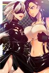  2b_(nier:automata) 2girls asymmetrical_docking black_hair blindfold breast_press breasts chain-link_fence clenched_hand earrings fence fighting final_fantasy final_fantasy_vii fingerless_gloves gloves jewelry large_breasts lips long_hair midriff multiple_girls navel nier:automata nier_(series) open_mouth parted_lips red_eyes short_hair skirt small_breasts suspender_skirt suspenders tifa_lockhart ultimateheaven white_hair 