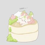  65tan_tl :3 animal animal_focus cherry_blossoms closed_eyes clothed_animal cream facing_viewer food food_on_face fox grey_background happy in_food lying mamenosuke_(touken_ranbu) matcha_(food) no_humans on_stomach open_mouth oversized_food oversized_object pancake pancake_stack red_scarf rope scarf shimenawa simple_background solo touken_ranbu 
