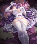  1girl absurdres babydoll breasts elbow_gloves fern_(sousou_no_frieren) gloves highres kiaji_(pixiv7643817) large_breasts lingerie long_hair looking_at_viewer lying on_back panties pillow purple_eyes purple_hair revision solo sousou_no_frieren straight_hair thighhighs underwear very_long_hair white_babydoll white_gloves white_panties white_thighhighs 