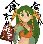  1girl akumesik box box_of_chocolates breasts cleavage dated feena_(grandia) grandia grandia_i green_eyes green_hair hair_ornament hair_tubes highres jewelry long_hair looking_at_viewer midriff necklace open_mouth simple_background smile solo white_background wide_sleeves 
