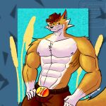 abs animal_crossing anthro avi_the_tiger biceps bulge canid canine canis chief_(animal_crossing) clothed clothing cowboy_hat coyote forestpunktiger hat headgear headwear male mammal nintendo pallav_the_tiger partially_clothed pecs shirtless solo