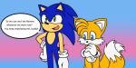  2boys blue_eyes blue_fur commentary english_commentary english_text fidgeting furry furry_male gloves green_eyes hyrulepirate male_focus multiple_boys multiple_tails open_mouth orange_fur sonic_(series) sonic_the_hedgehog speech_bubble tail tails_(sonic) two_tails white_gloves 