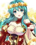  1girl :d aqua_eyes aqua_hair bare_shoulders basket dress earrings eirika_(fire_emblem) eirika_(valentine)_(fire_emblem) fire_emblem fire_emblem:_the_sacred_stones fire_emblem_heroes flower flower_basket hair_flower hair_ornament highres holding holding_basket jewelry kakiko210 looking_at_viewer official_alternate_costume open_mouth red_dress smile solo upper_body 