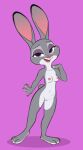 2024 3_toes 4_fingers absurd_res areola black_body black_fur breasts disney eyebrows feet fingers fur genitals grey_body grey_fur half-closed_eyes half-length_portrait hi_res judy_hopps lagomorph leporid long_ears looking_at_viewer mammal multicolored_body multicolored_fur narrowed_eyes navel nipples nude open_mouth pink_areola pink_nipples portrait purple_background pussy rabbit scut_tail short_tail simple_background siroc standing tail teeth toes tongue white_body white_fur zootopia