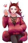  1girl absurdres akame_(ryuu_ga_gotoku) animal_ears black_pants black_shirt cowboy_shot earrings fingernails hand_in_pocket hand_up highres jacket jewelry long_hair long_sleeves me_8jo open_mouth pants red_eyes red_hair red_jacket red_nails ryuu_ga_gotoku_(series) ryuu_ga_gotoku_7_gaiden sharp_fingernails shirt simple_background smile solo standing tail white_background 
