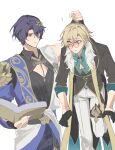  2boys ? ancient_greek_clothes aqua_shirt arm_up aventurine_(honkai:_star_rail) black_gloves black_jacket black_shirt blonde_hair blue_hair book buttons carrying cleavage_cutout closed_mouth clothing_cutout collar_chain_(jewelry) collared_shirt crossed_bangs dark_blue_hair dr._ratio_(honkai:_star_rail) earrings expressionless fingerless_gloves fur-trimmed_jacket fur_trim glasses gloves greco-roman_clothes hair_between_eyes hair_ornament half_gloves highres holding holding_book honkai:_star_rail honkai_(series) jacket jewelry literally1me looking_at_another male_focus multiple_boys open_book pants parted_bangs pink-tinted_eyewear purple_eyes shirt short_hair sidelocks simple_background tinted_eyewear white_background white_pants wide-eyed wing_collar 