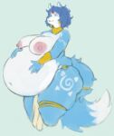 2024 5_fingers anthro areola awful_lad belly big_belly big_breasts blue_body blue_eyes blue_fur bottomwear bracelet breasts canid canine clothed clothing colored countershade_face countershade_torso countershading digital_drawing_(artwork) digital_media_(artwork) ear_piercing ear_ring female fingers fluffy fluffy_tail fox fur grey_background hair hand_on_stomach hi_res jewelry krystal loincloth looking_down mammal markings multicolored_body multicolored_fur navel necklace nintendo nipples nude overweight overweight_anthro overweight_female partially_clothed piercing pregnant pregnant_anthro pregnant_female ring_piercing simple_background skimpy smile solo standing star_fox tail thick_thighs three-quarter_view two_tone_body two_tone_fur white_body white_fur