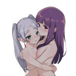  2girls blush breasts bright_pupils commentary_request completely_nude drop_earrings earrings fern_(sousou_no_frieren) frieren green_eyes grey_hair highres hug jewelry long_hair looking_at_viewer multiple_girls nude open_mouth parted_bangs pointy_ears purple_eyes purple_hair purple_pupils sidelocks simple_background sousou_no_frieren straight_hair twintails user_ncgd8832 white_background yuri 