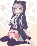  1girl black_jacket blush brown_skirt chi_gu collared_shirt cosplay danganronpa_(series) danganronpa_2:_goodbye_despair dress_shirt hair_ornament highres hood jacket kirby kirby_(series) long_sleeves medium_hair nanami_chiaki nanami_chiaki_(cosplay) neck_ribbon pink_eyes pleated_skirt ribbon shirt skirt thighhighs white_shirt 