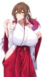  1girl absurdres breasts brown_hair curvy detached_sleeves green_eyes highres huge_breasts large_breasts long_hair looking_at_viewer multicolored_hair nontraditional_miko original ponytail red_hair solo suruga_(xsurugax) two-tone_hair white_background wide_sleeves 