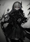  1girl black_dress commentary dress english_commentary gothic_lolita greyscale hairband highres holding lolita_fashion long_hair looking_at_viewer monochrome original purple_eyes simple_background solo spot_color tuda6 weapon 