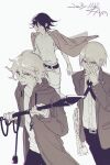  3boys blue_eyes cross_tie danganronpa:_trigger_happy_havoc danganronpa_(series) danganronpa_2:_goodbye_despair danganronpa_v3:_killing_harmony dated disappearoften flipped_hair green_eyes hair_between_eyes highres holding holding_polearm holding_weapon hood hoodie jacket jacket_on_shoulders komaeda_nagito looking_at_viewer male_focus monochrome multiple_boys oma_kokichi open_clothes open_hoodie polearm purple_eyes semi-rimless_eyewear short_hair signature sketch smile spot_color standing togami_byakuya tongue tongue_out topless_male wavy_hair weapon white_background wire 