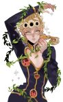  1boy arm_up blonde_hair braid brooch bug clothing_cutout commentary_request giorno_giovanna green_eyes highres jewelry jojo_no_kimyou_na_bouken ladybug male_focus plant single_braid solo upper_body v-shaped_eyebrows vento_aureo vines youda 