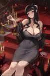  1girl absurdres arm_tattoo barcode barcode_tattoo black_bra black_hair bra bra_peek breast_tattoo breasts butterfly_tattoo candle candlestand cleavage covered_navel d_(killer_wife)_(nikke) d_(nikke) dongtan_dress goddess_of_victory:_nikke highres holding large_breasts long_hair looking_at_viewer meme_attire parted_lips phusit red_eyes sitting solo stairs tattoo underwear weighing_scale 