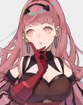  1girl bare_shoulders black_hairband breasts cleavage commentary_request detached_sleeves earrings fire_emblem fire_emblem:_three_houses gloves grey_background hairband hand_up highres hilda_valentine_goneril hoop_earrings jewelry large_breasts pink_eyes pink_hair pink_lips red_gloves solo upper_body yachimata_1205 